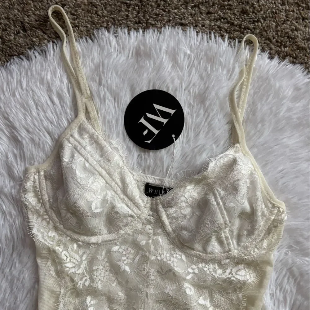 White Fox Boutique Bodysuit New Cream‎ Sheer Lace Sexy Womens Size Medium